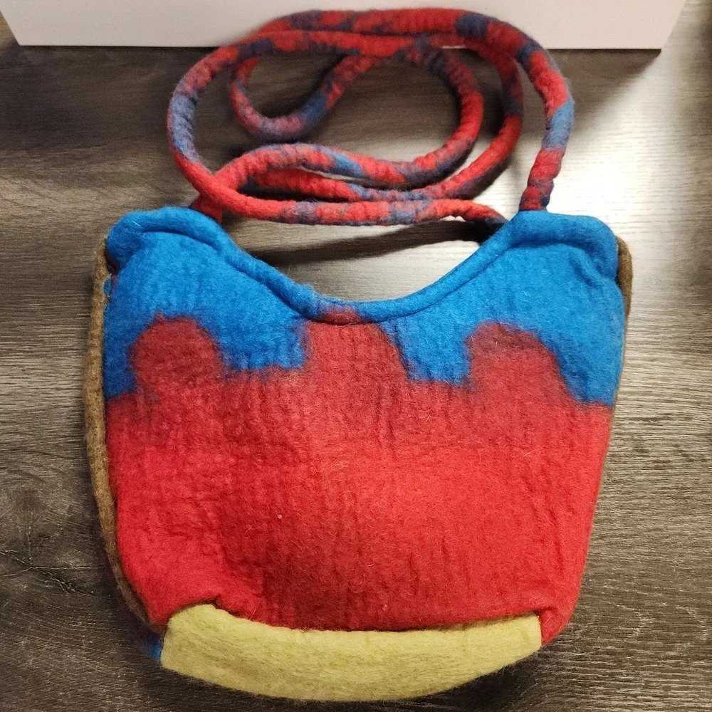Vintage Handmade Felted Wool Double Strap Bag Purse Boho Hippie‎ Flower Tie Dye